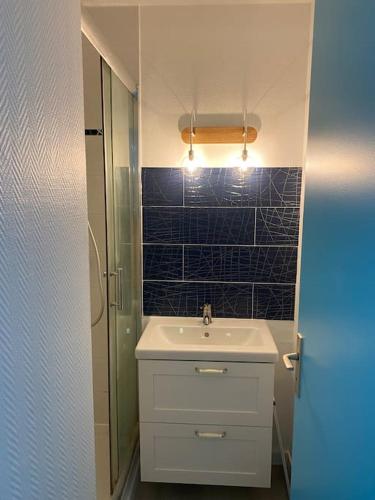 une salle de bain avec un lavabo et une douche en verre dans l'établissement 2 pièces 2 pas des plages, à Saint-Palais-sur-Mer