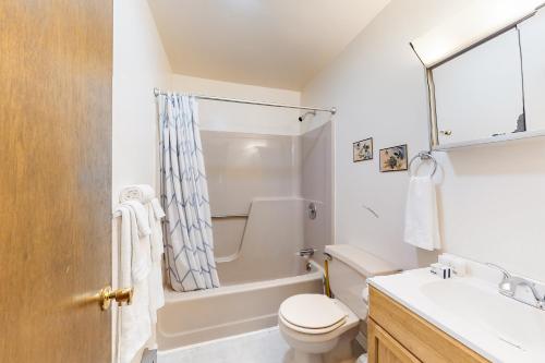 een badkamer met een toilet, een bad en een wastafel bij The Burrow in Jim Thorpe