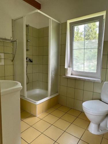 クルクランキにあるMazury - U Bogusia domek 8os.のバスルーム(シャワー、トイレ付)、窓が備わります。