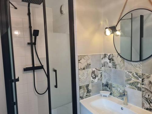 uma casa de banho com um chuveiro, um lavatório e um espelho. em Duplex centre ville-bord de mer em Concarneau