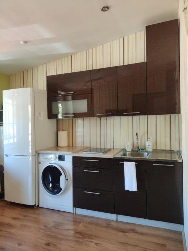 a kitchen with a washing machine and a washer at Zaļais namiņš in Ventspils