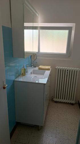 baño con lavabo y ventana en Grand appartement, 2 chambres et jardin, en Nimes