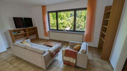 sala de estar con 2 sofás y TV en FeWo Sonnenschein Bungalow, en Sankt Ingbert
