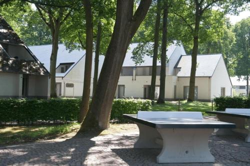 un banco blanco sentado bajo un árbol en un parque en Hengelhoef Berk 5, en Aan de Wolfsberg