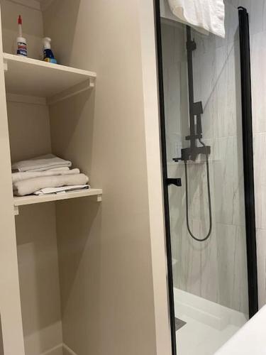 une douche dans une salle de bain avec des serviettes et une douche dans l'établissement Studio équipé en rez de jardin, à Villeurbanne
