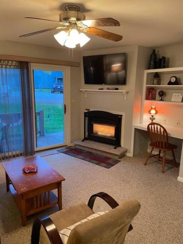 a living room with a fireplace and a tv at SKIING, HIKING, VILLAGE OF EVILLE MTN ESCAPE in Ellicottville