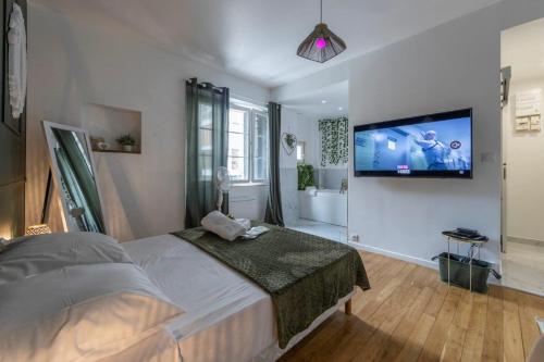 1 dormitorio con 1 cama y TV de pantalla plana en La Maginot Room YourHostHelper, en Grenoble