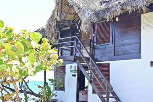 a staircase leading up to a house with a thatch roof at Hotel Isla Del Pirata in Isla del Pirata
