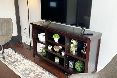 a flat screen tv on a entertainment center with potted plants at Luxury 1 Bedroom Apt in Plaza Midwood- Fast WiFi in Charlotte