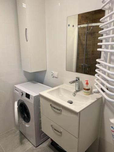 a bathroom with a washing machine and a sink at Mieszkanie - Apartament in Dąbrowa