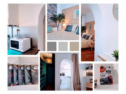 een collage van foto's van een woonkamer en een keuken bij Cosy Case proche Paris Montmartre in Saint-Ouen