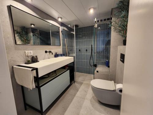 uma casa de banho com um lavatório, um WC e um chuveiro em lasuita-exclusive suites ceserea-sunset suite em Caesarea
