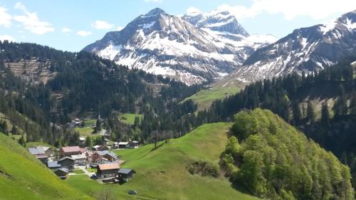 a village on a hill with a mountain in the background at Alpin Chalet Schröcken in Schröcken