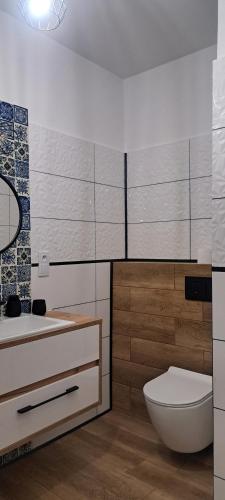 a bathroom with a toilet and a sink at Apartament "Słoneczny" Kraszewskiego in Węgorzewo