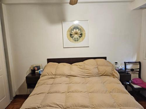 Una cama en una habitación con colcha. en Funcional en Buenos Aires