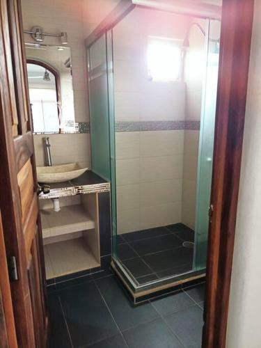 La salle de bains est pourvue d'une douche et d'un lavabo. dans l'établissement “Casa Juanita”, à Lo de Marcos