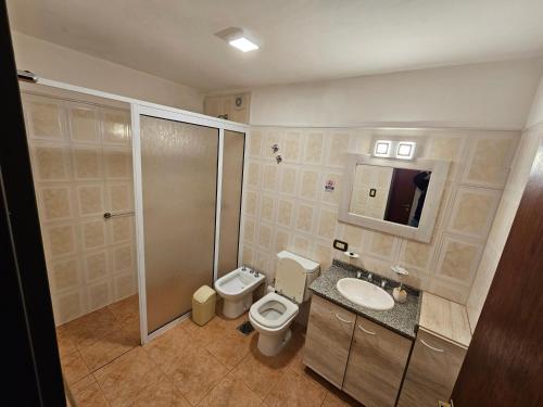 a bathroom with a toilet and a sink and a shower at Casa de Campo N 2 en Barrio Posta Carreta, Santa Rosa de Calamuchita in Atos Pampa