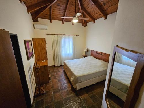 a bedroom with a bed and a mirror in it at Casa de Campo N 2 en Barrio Posta Carreta, Santa Rosa de Calamuchita in Atos Pampa