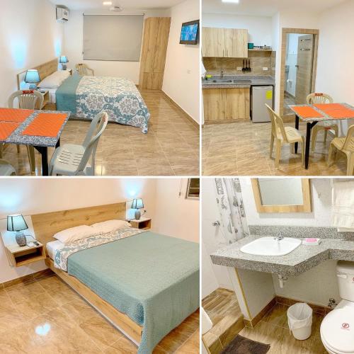 4 imágenes de una habitación con cama y baño en Airbnb Urbanor, en Guayaquil