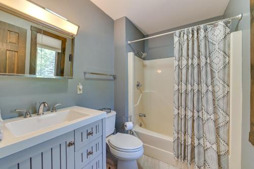 a bathroom with a sink and a toilet and a shower curtain at Immaculate Winter Getaway Near Skiing and Hiking! in Windham