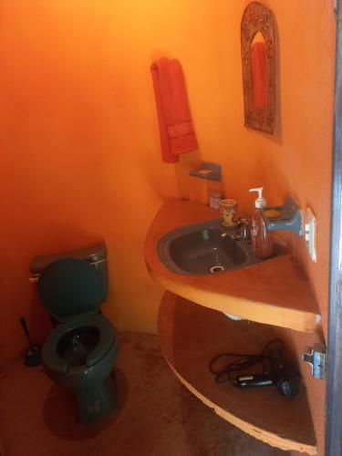 uma casa de banho com um WC verde e um lavatório em Rabbit Home Xilitla cuarto Arcoiris 