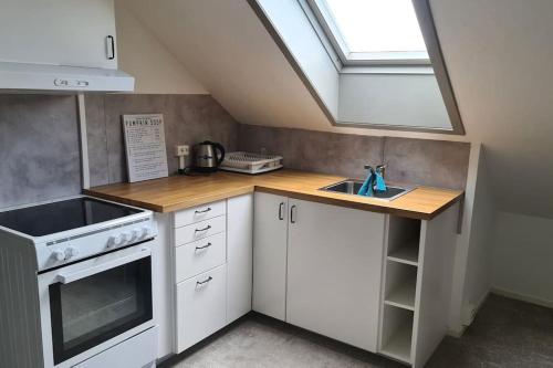 a small kitchen with a sink and a skylight at Cosey 1 bedroom loft with free parking in Stavanger
