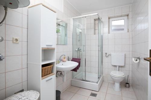 een badkamer met een toilet, een wastafel en een douche bij Apartments with a parking space Valbandon, Fazana - 7227 in Fažana