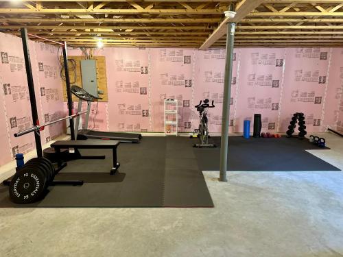 a gym with a bike in a pink wall at Hidden Oasis, Duplex A. Close to almost everything in Lincoln