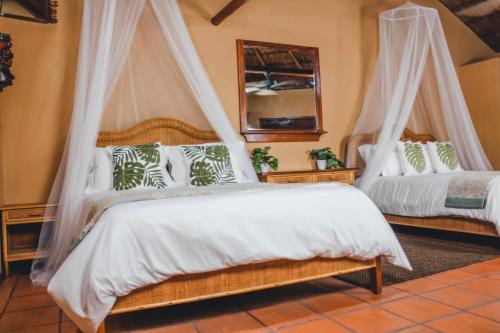 a bedroom with two beds with mosquito nets at The Mayan Garden in Orange Walk