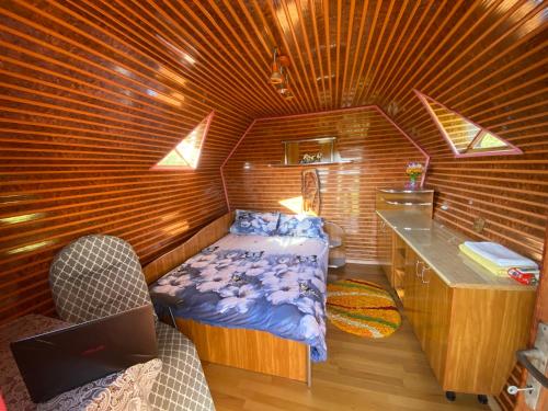 a small room with a bed and a desk in it at Căbănuță rustică 02 in Băniţa