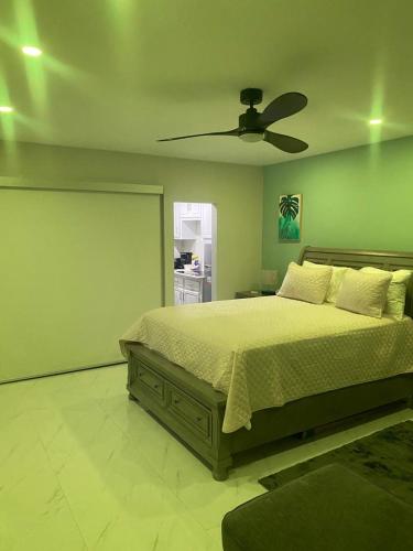 1 dormitorio con 1 cama y ventilador de techo en City View Luxury Home en Montego Bay