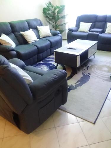a living room with two couches and a coffee table at Milimani Furnished Apartments in Nakuru