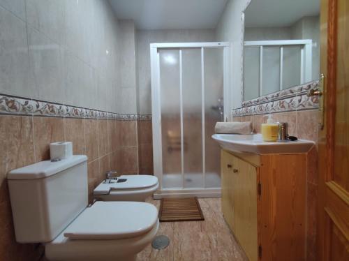 uma casa de banho com um WC, um lavatório e um chuveiro em LOW COST-PERGAR TORRENUEVA COSTA-wifi em Torrenueva