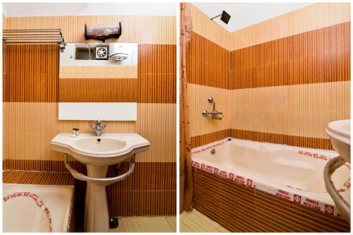 two pictures of a bathroom with a sink and a tub at Sagrika Resort Dalhousie in Dalhousie