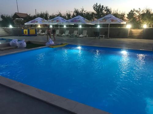 a large blue swimming pool at night with umbrellas at MARADA felix in Hidişelul-de Sus