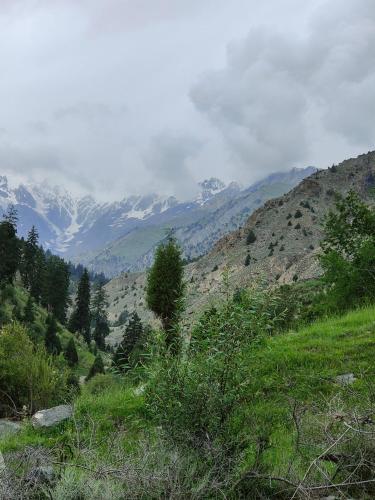 a view of a mountain range with snow capped mountains at Rakaposhi Amin Hotel & Restaurant Pissan Hunza Nagar Gilgit Baltistan in Gilgit