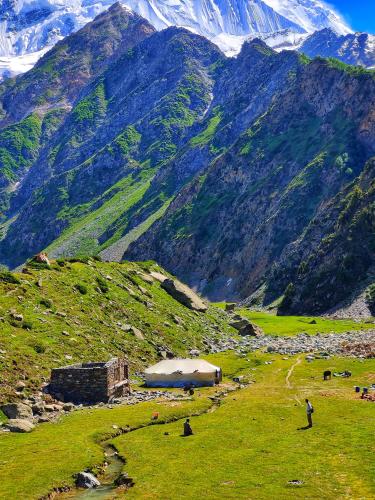 a person standing in a field with mountains in the background at Rakaposhi Amin Hotel & Restaurant Pissan Hunza Nagar Gilgit Baltistan in Gilgit