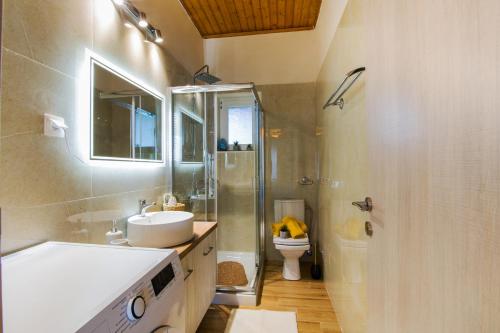 a bathroom with a sink and a toilet and a shower at Corfu sight Blue in Spartýlas