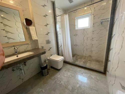 a bathroom with a shower and a sink and a toilet at KL7 Hotel & Banquets in Patna
