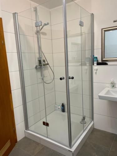 a glass shower in a bathroom with a sink at Peaceful holiday in Würzburg