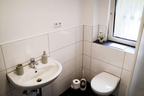 a white bathroom with a sink and a toilet at Boardinghouse in Mörfelden-Walldorf in Mörfelden-Walldorf