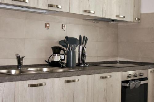 a kitchen with a sink and a counter top at Villa Alta in Strigno