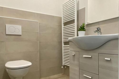 a bathroom with a white sink and a toilet at Villa Alta in Strigno