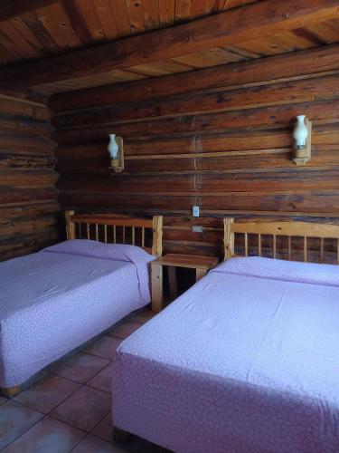 two beds in a room with wooden walls at Parador Arew 1 La Energa Que Impulsa El Alma in Creel