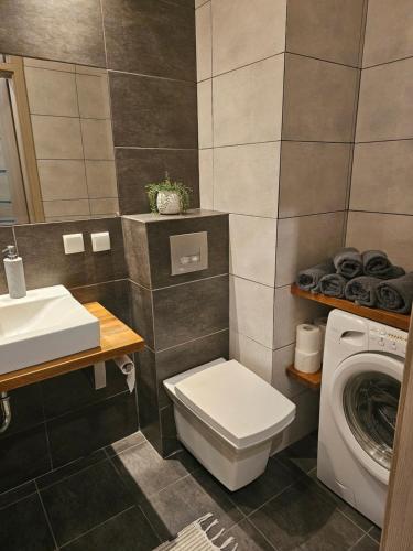 uma casa de banho com um WC e uma máquina de lavar roupa em Apartament Rodzinny - całodobowe zakwaterowanie, bezpłatny parking em Toruń