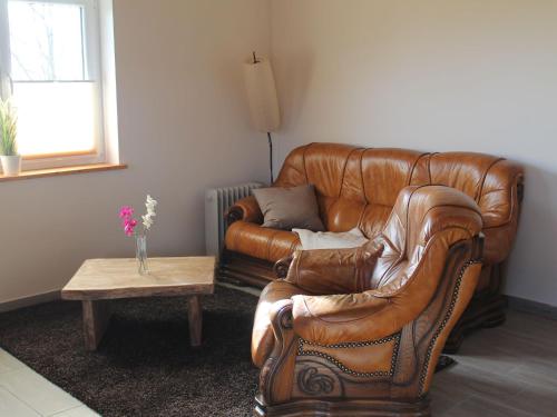 a living room with a leather couch and a coffee table at Modern Holiday Home in Brusow with Roofed Terrace in Kröpelin