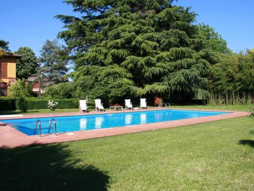 a swimming pool with chairs and a large tree at Elegant Holiday Home in Faenza with Garden and Pool in Faenza