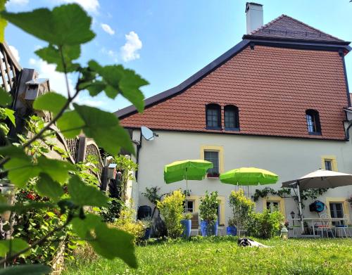una casa con ombrelloni verdi in cortile di Cap Bonheur a Saint-Cierges