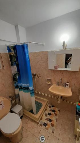 a bathroom with a shower and a toilet and a sink at Y.M.Apartment in Rhodes Town