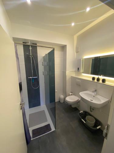 La salle de bains est pourvue d'une douche, de toilettes et d'un lavabo. dans l'établissement Apartment Lori, à Mönchengladbach